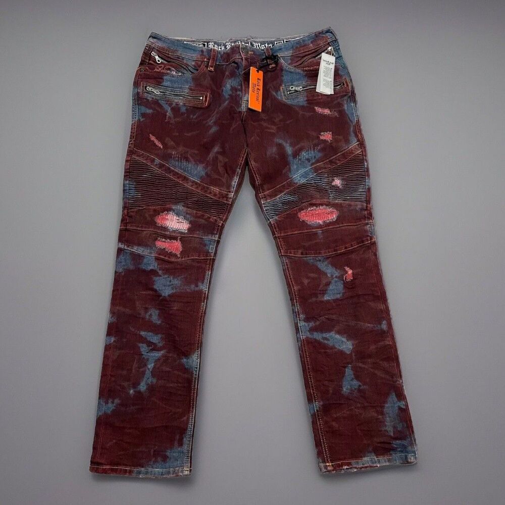 Rock Revival Moto Elroy Jeans Acid Wash Biker Maroon Distressed Mens Size 32x30